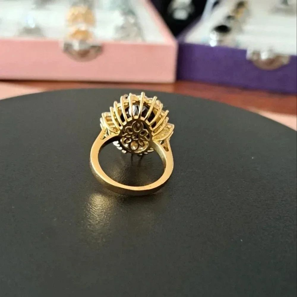 Elite Shungite and Natural White Zircon Halo Ring In 18kt YG Vermeil.